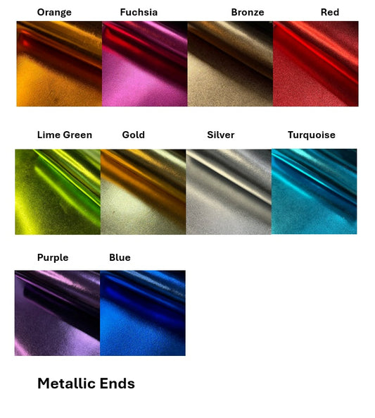 Color swatches of metallic fabric finishes including Orange, Fuchsia, Bronze, Red, Lime Green, Gold, Silver, Turquoise, Purple, and Blue.