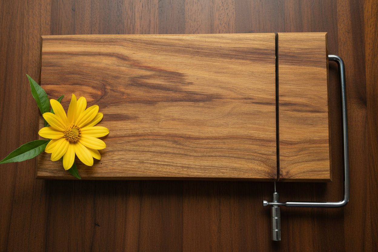 Wooden cutting board with a metal handle on a gray background